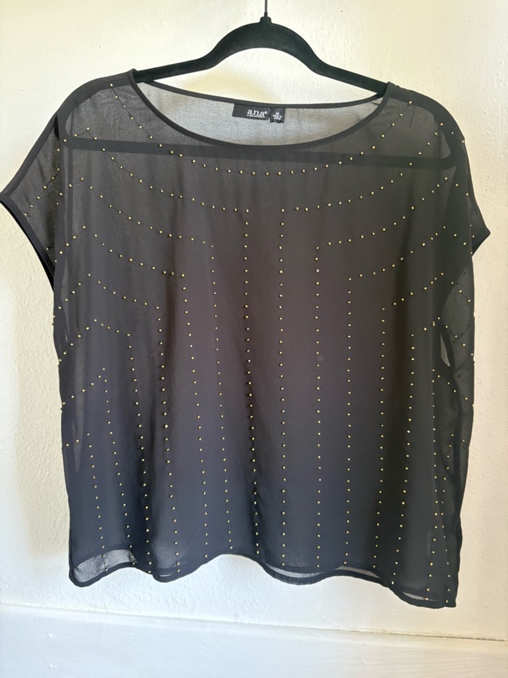a.n.a Black Sheer Short-Sleeve Top with Gold Stud Accents, Medium